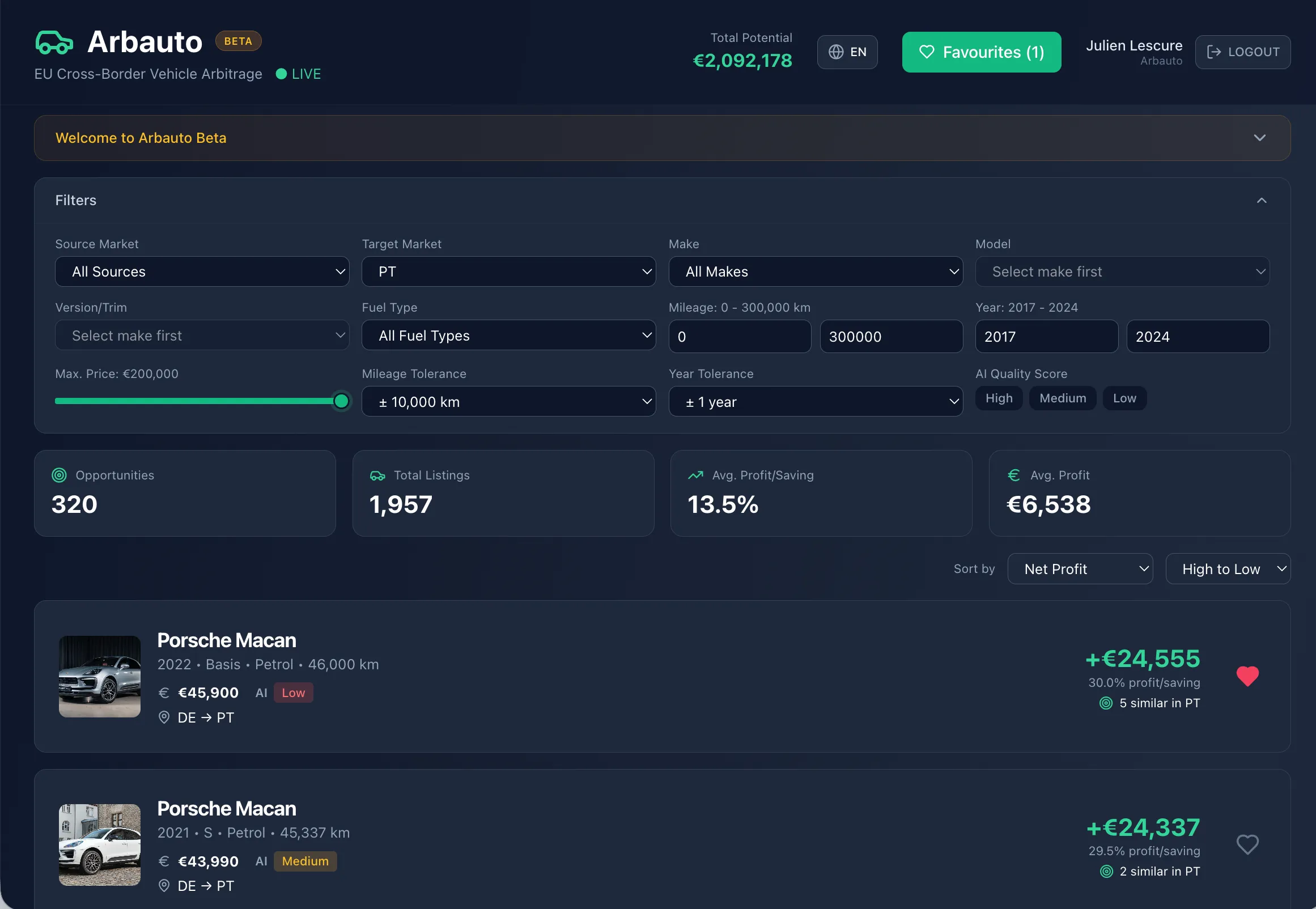 Arbauto opportunity list with filters and profit ranking