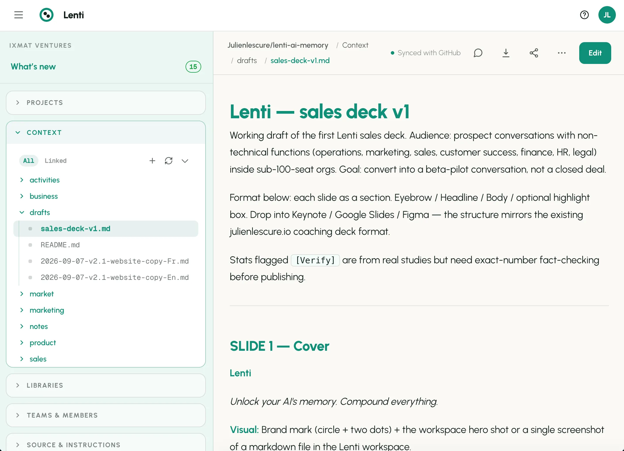 A markdown document in Lenti, synced with GitHub