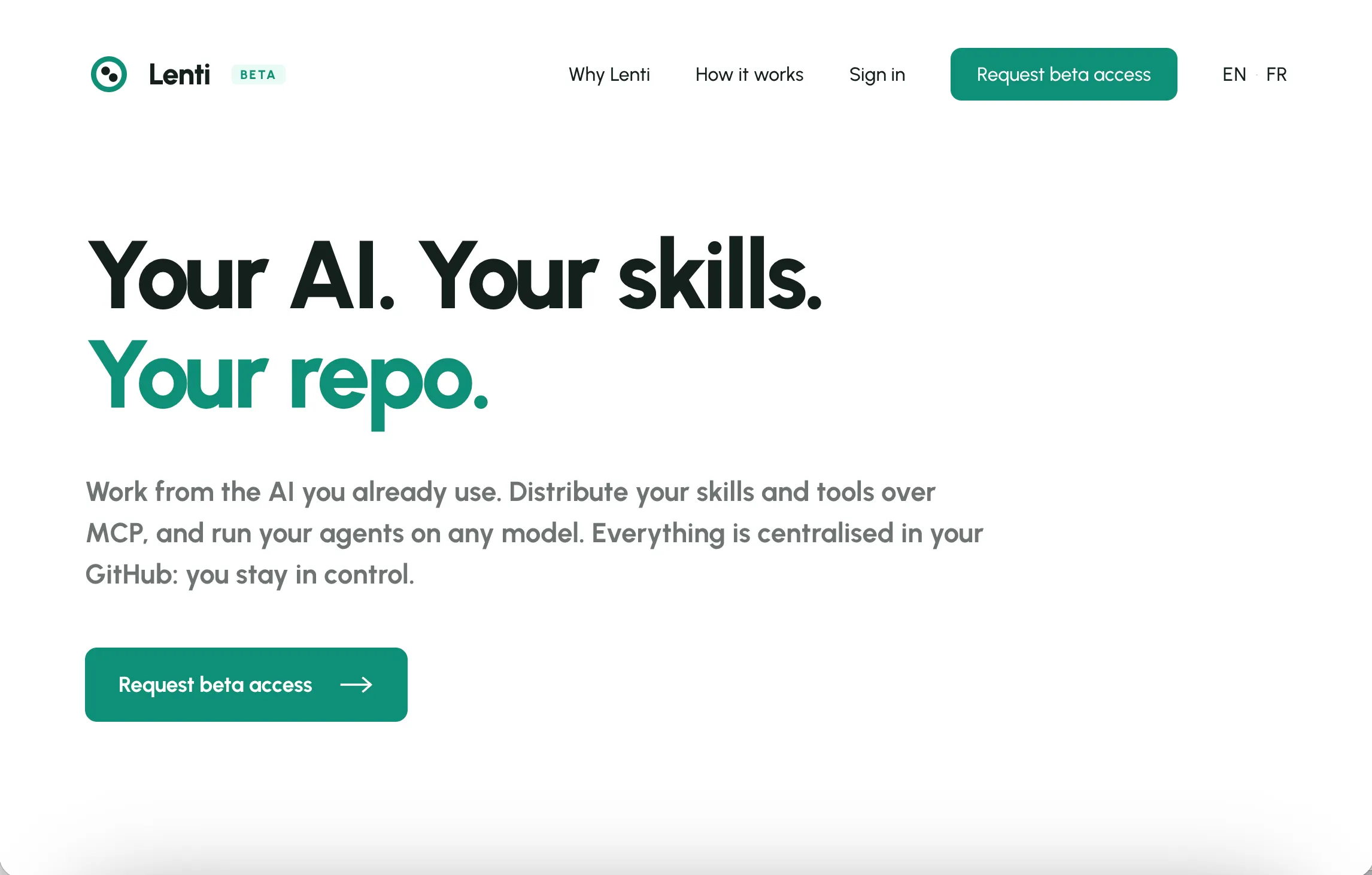Lenti marketing site hero: Your AI. Your repo.