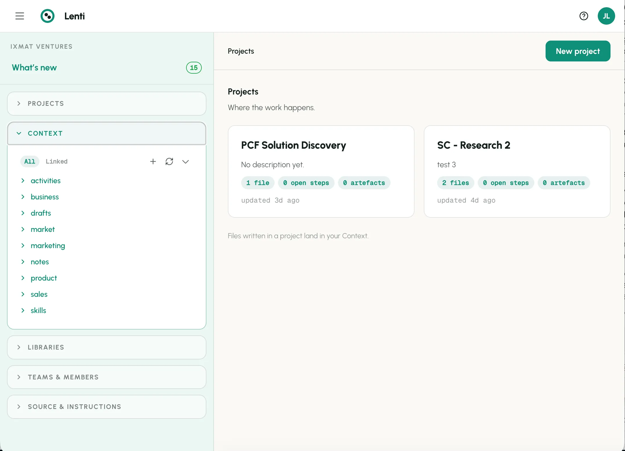 Lenti workspace showing projects and the context tree